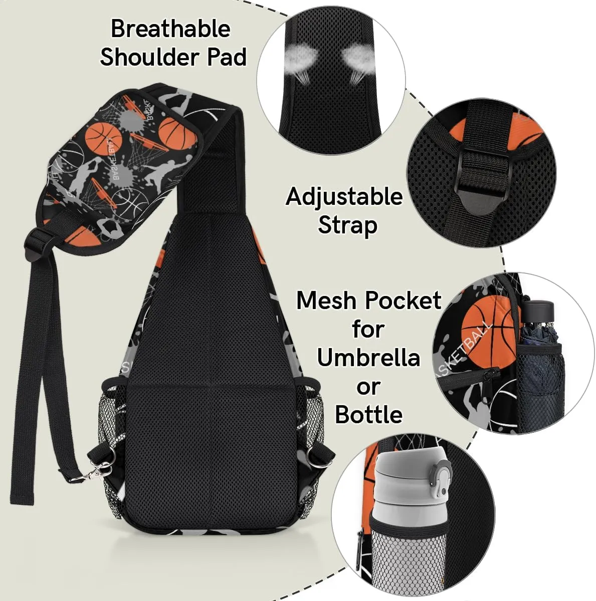 Basketball Sports Heat Sling Backpack for Women Men Waterproof Antitheft Chest Bag Lightweight Travel Crossbody Shoulder Bag for Shopping Outdoor Leisure Sports Mountaineering Riding
