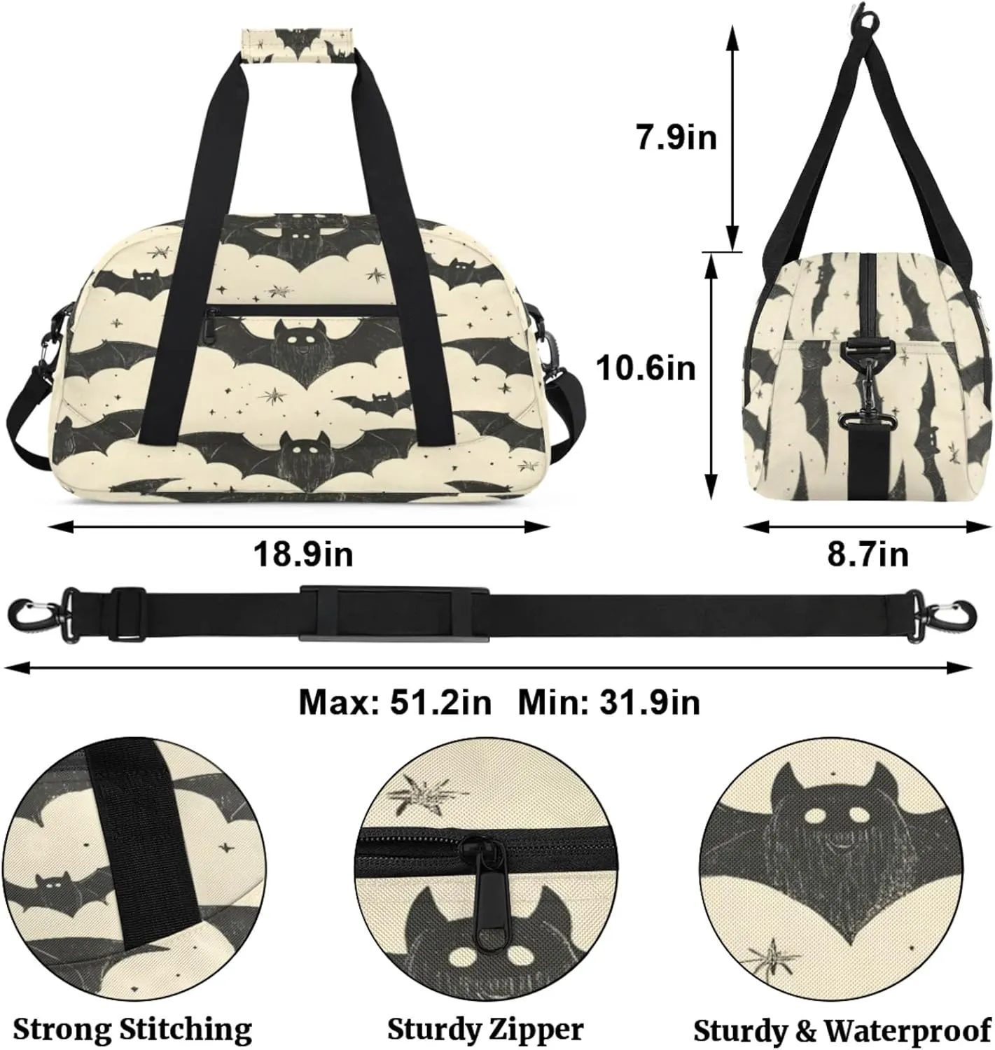 Bat Small Gym Bag for Women Men, Black Bat Travel Duffle Bag Workout Dance Tote Bag Carry On Overnight Weekender Bag