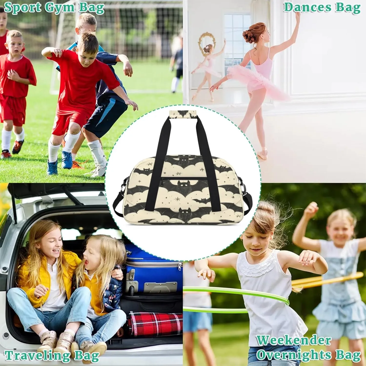 Bat Small Gym Bag for Women Men, Black Bat Travel Duffle Bag Workout Dance Tote Bag Carry On Overnight Weekender Bag