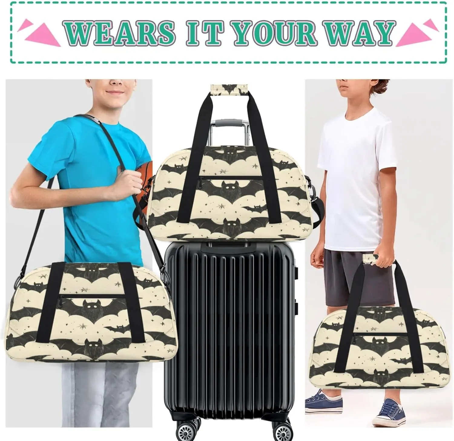 Bat Small Gym Bag for Women Men, Black Bat Travel Duffle Bag Workout Dance Tote Bag Carry On Overnight Weekender Bag