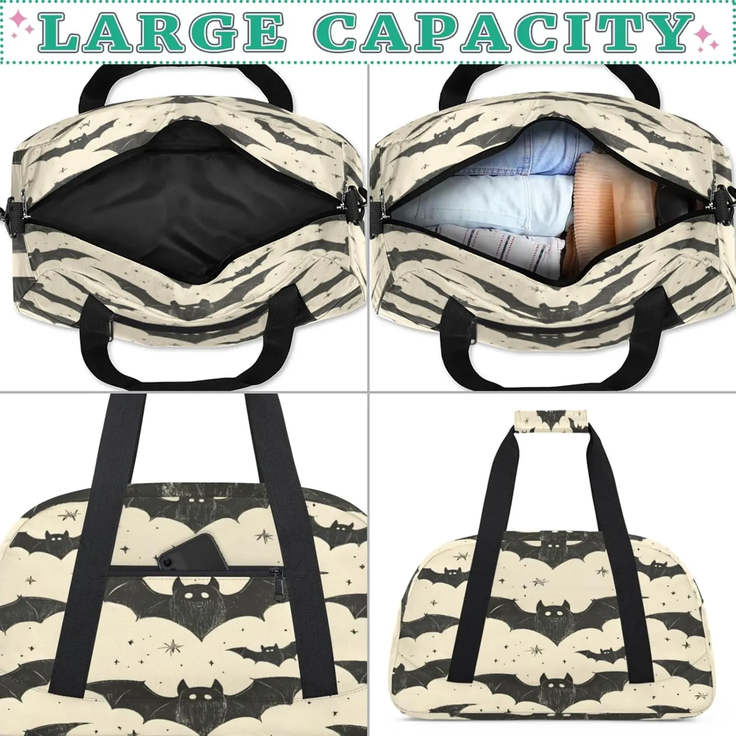 Bat Small Gym Bag for Women Men, Black Bat Travel Duffle Bag Workout Dance Tote Bag Carry On Overnight Weekender Bag