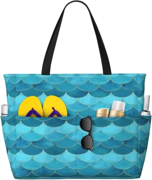 Beach Bag Blue Teal Ocean Mermaid Scale Large Beach Tote Bag for Women Waterproof Sandproof Travel Beach Bags with Zipper Swim Gym Shopping Grocery Handbag