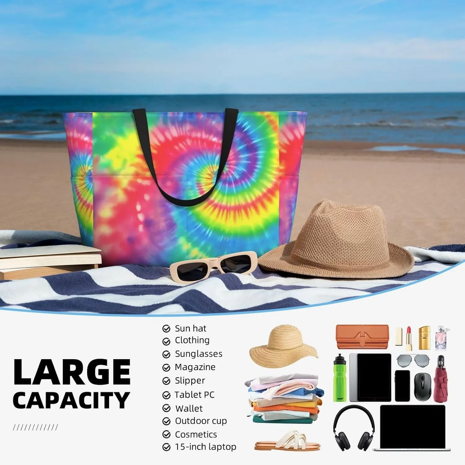 Beach Bag, Extra Large Waterproof Sandproof Tote with Multi Pockets, Lightweight for Travel, Pool, Outdoor