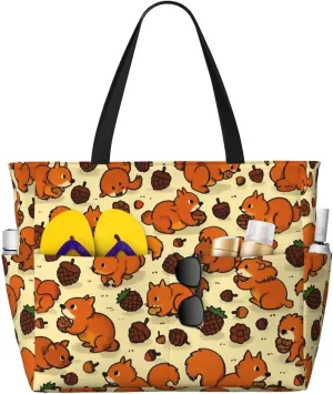 Beach Bag for Women, Waterproof Sandproof Beach Pool Travel Duffel Bags with 7 Pockets, Large Capacity Shoulder Tote Bag for Gym Travel Vacation Essential, Cute Squirrel Eating Pine Cones