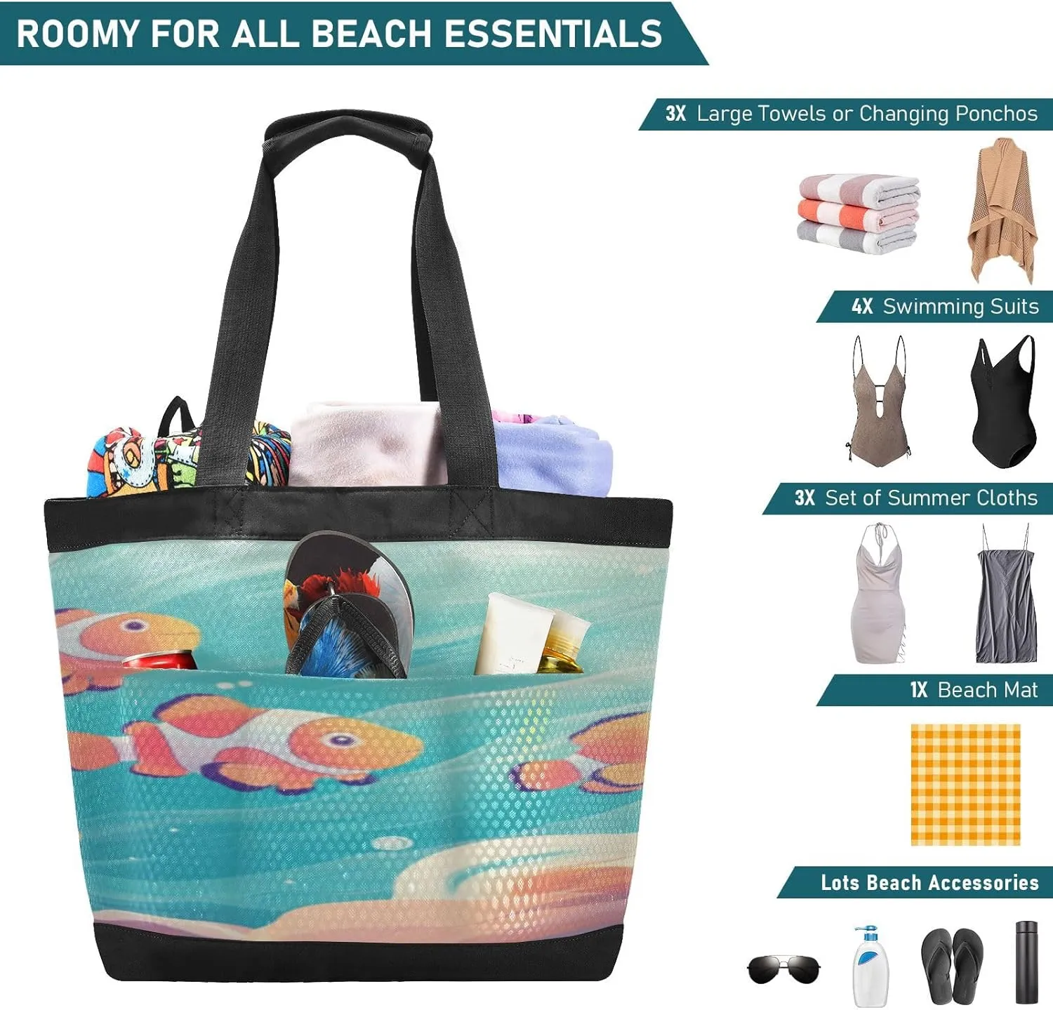 Beach Bag for Women Waterproof Sandproof Mesh Beach Tote Bag with Zipper and Pockets 1F