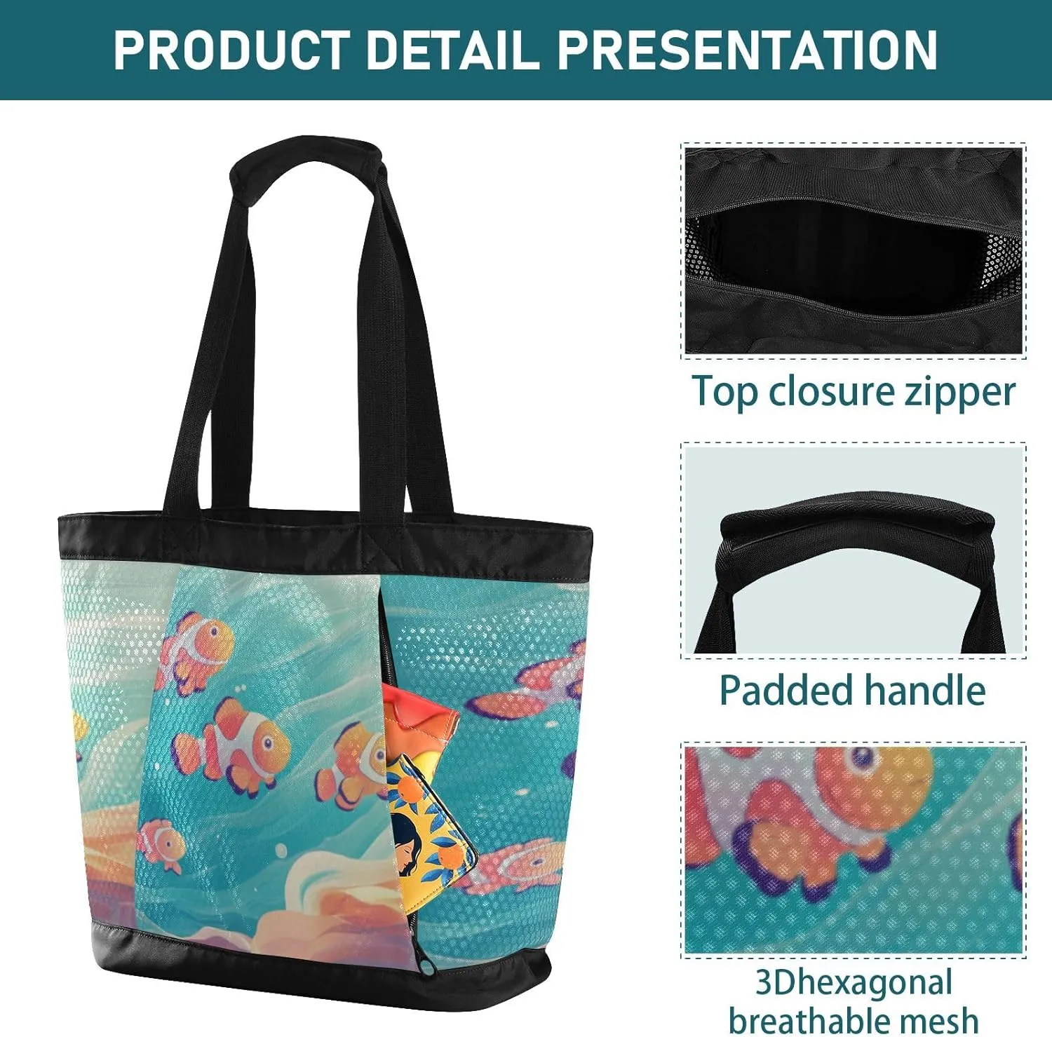Beach Bag for Women Waterproof Sandproof Mesh Beach Tote Bag with Zipper and Pockets 1F