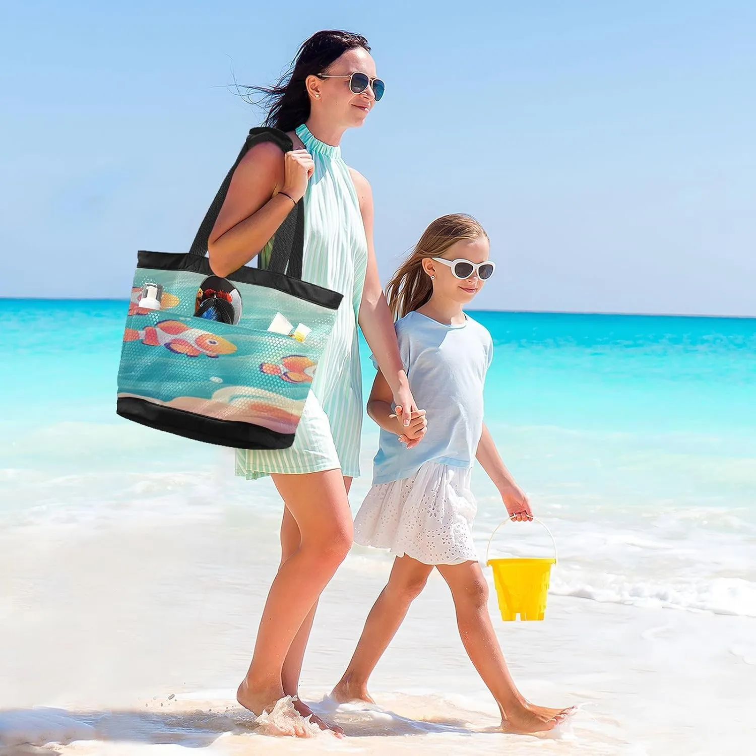 Beach Bag for Women Waterproof Sandproof Mesh Beach Tote Bag with Zipper and Pockets 1F
