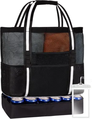 Beach Bag Mesh Tote for Women with Insulated Cooler plus Waterproof Bag for Phone,7 Outside Pockets,1 Inner Clear PVC Zipper Pocket Pool Accessories Travel Supplies