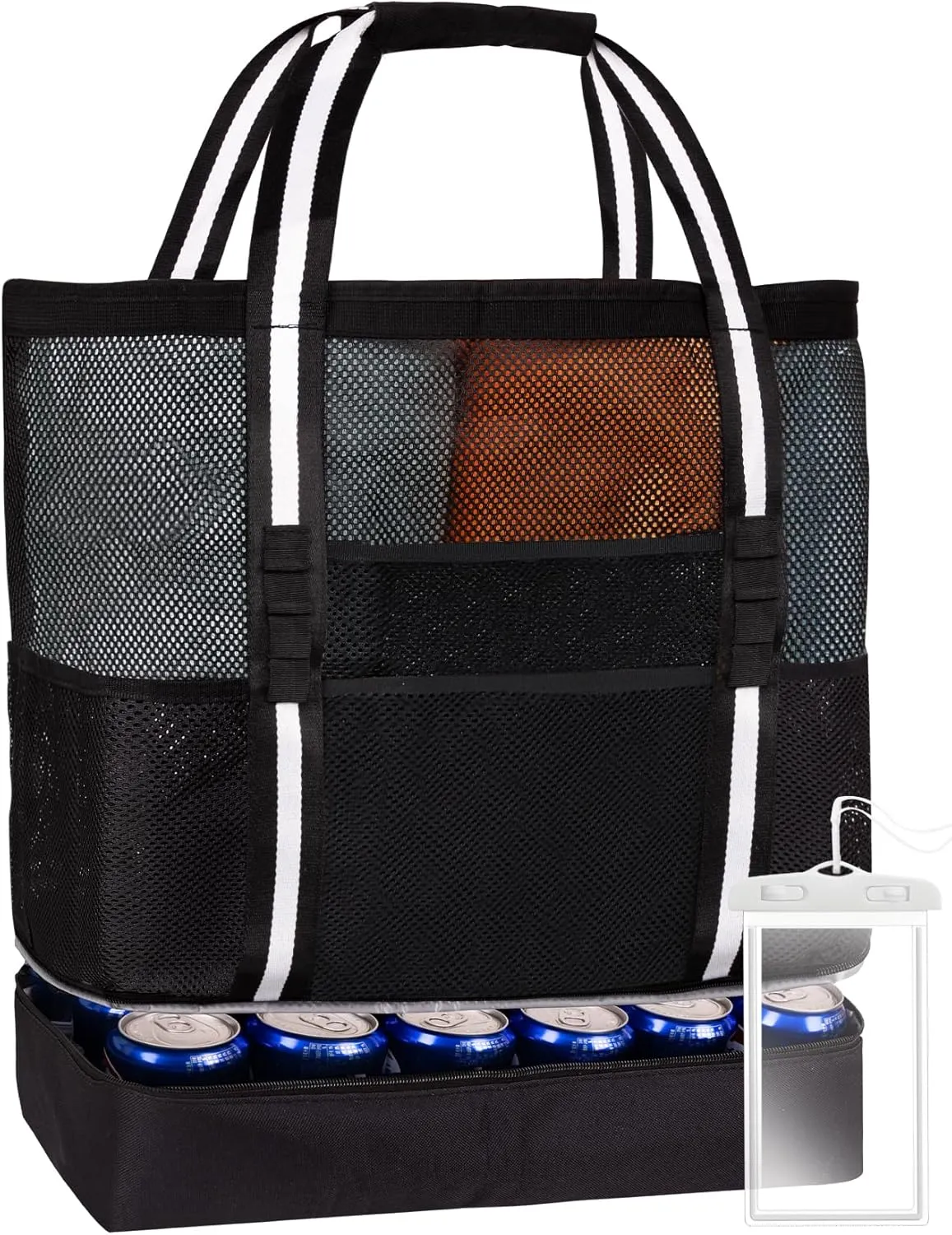 Beach Bag Mesh Tote for Women with Insulated Cooler plus Waterproof Bag for Phone,7 Outside Pockets,1 Inner Clear PVC Zipper Pocket Pool Accessories Travel Supplies