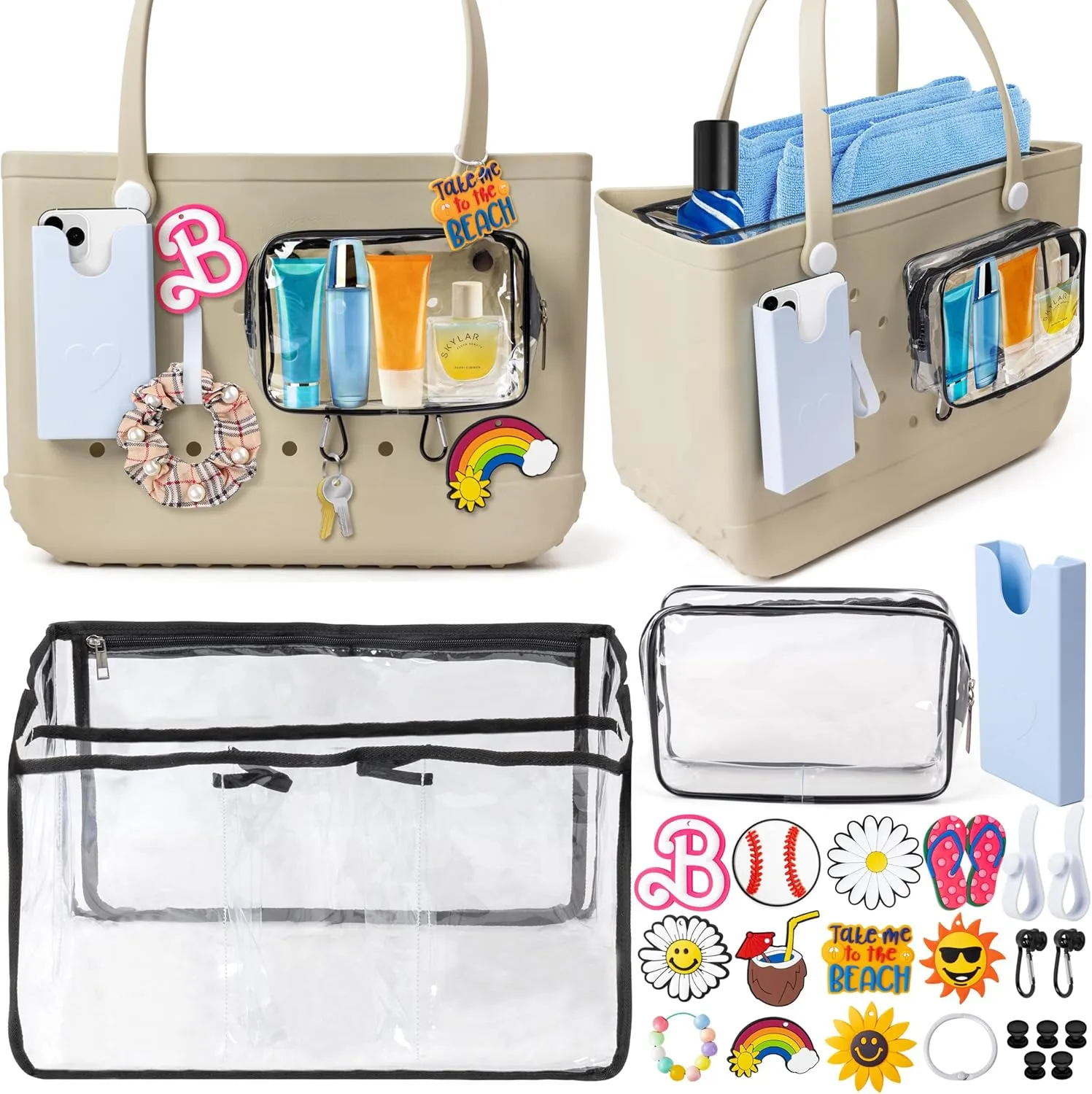 Beach Bag Organizer Accessories - 18Pcs XLarge Clear Organizer Insert PVC Toiletry Bag Phone Holder Hooks Accessories Charms Keychain Lightweight Insert Divider Pouch for Modern XL Beach Totes