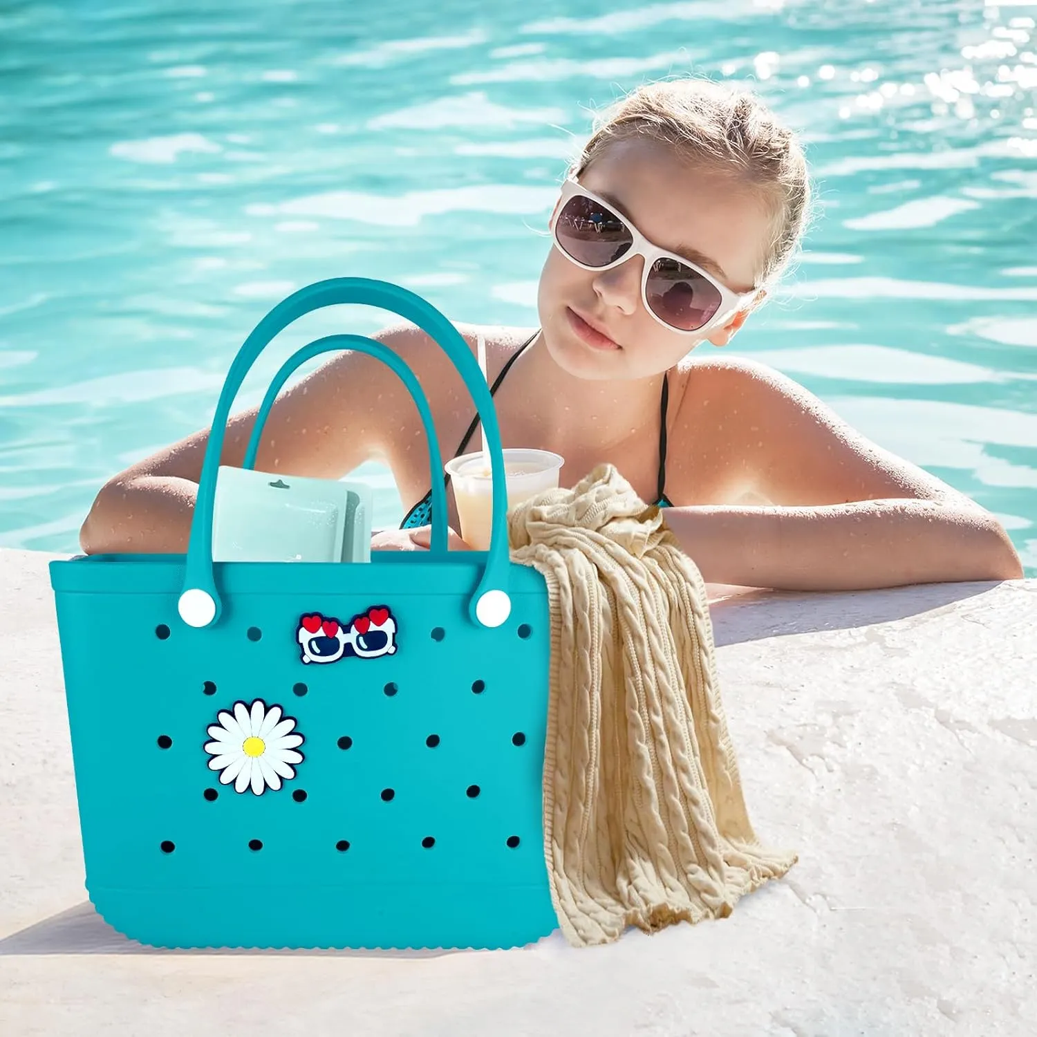 Beach Bag Rubber Tote Bag - Extra Large Handbag with Charms Waterproof Lightweight Travel Purses for Pool Boat