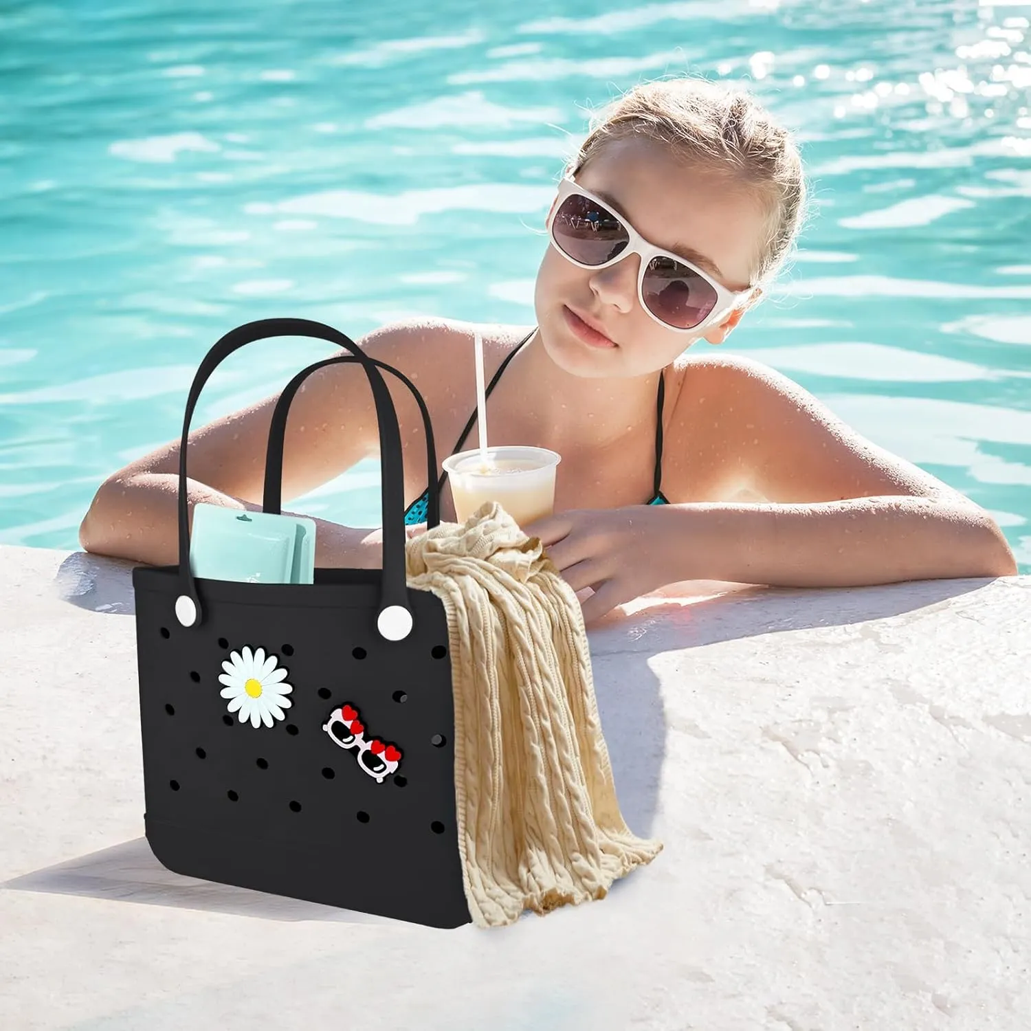 Beach Bag Rubber Tote Bag - Extra Large Handbag with Charms Waterproof Lightweight Travel Purses for Pool Boat