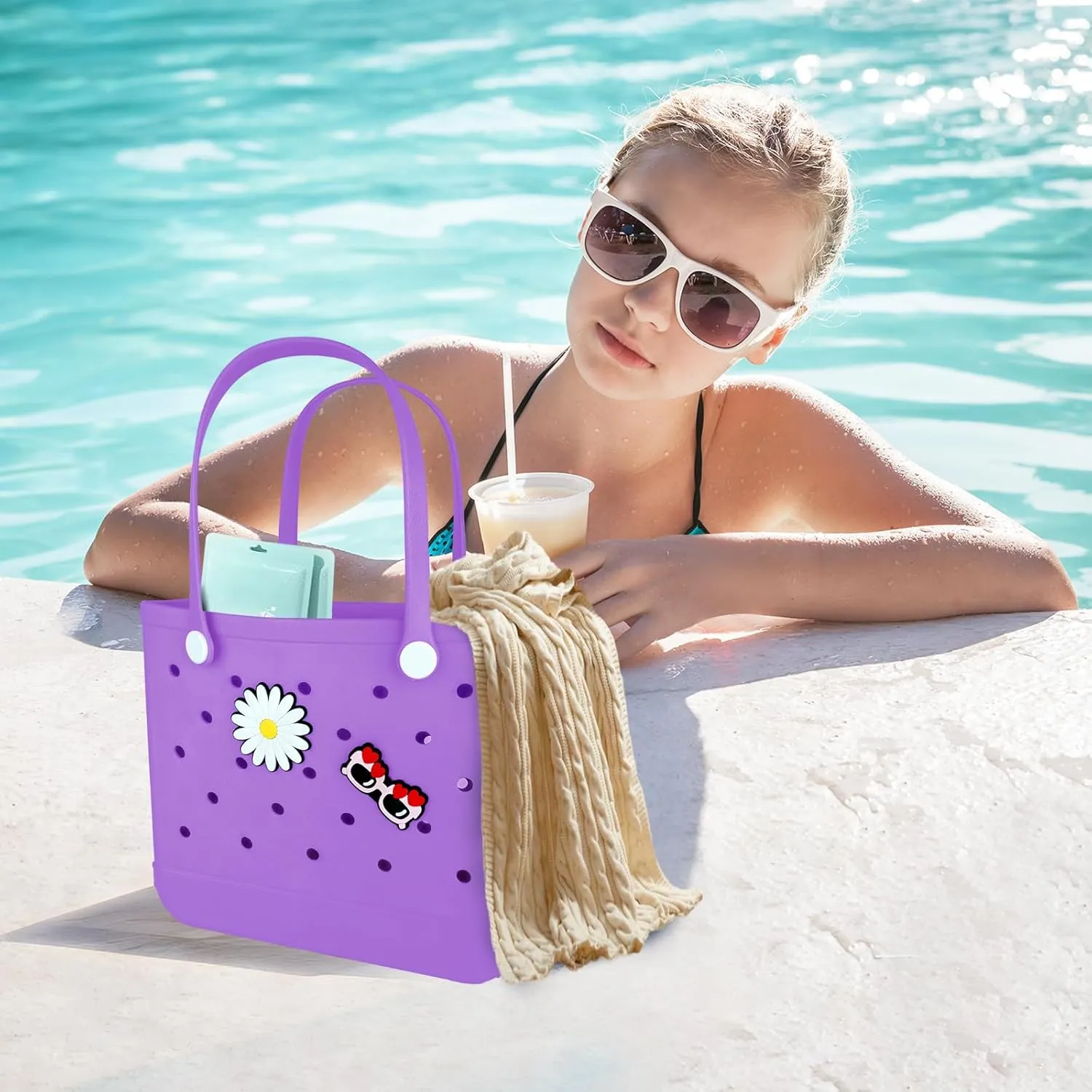 Beach Bag Rubber Tote Bag - Extra Large Handbag with Charms Waterproof Lightweight Travel Purses for Pool Boat