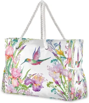 Beach Bag Tropical Floral Butterfly Hummingbird Tote Travel Bag luggage bag Grocery Shopping Bag Carry Bag