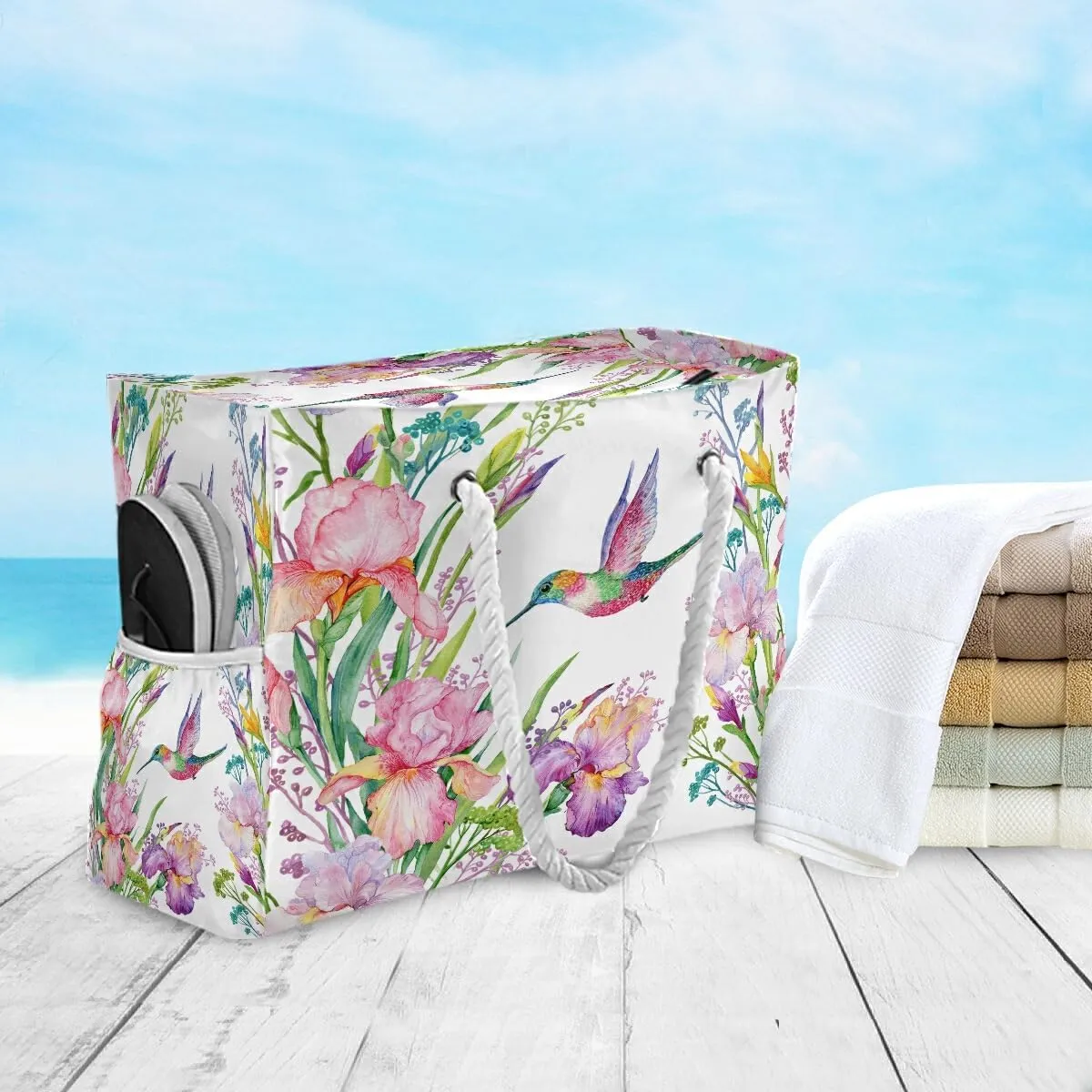 Beach Bag Tropical Floral Butterfly Hummingbird Tote Travel Bag luggage bag Grocery Shopping Bag Carry Bag