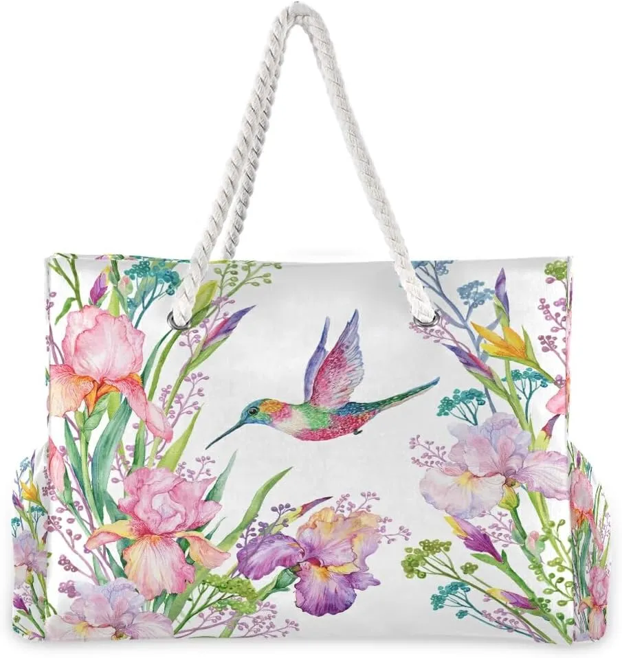 Beach Bag Tropical Floral Butterfly Hummingbird Tote Travel Bag luggage bag Grocery Shopping Bag Carry Bag