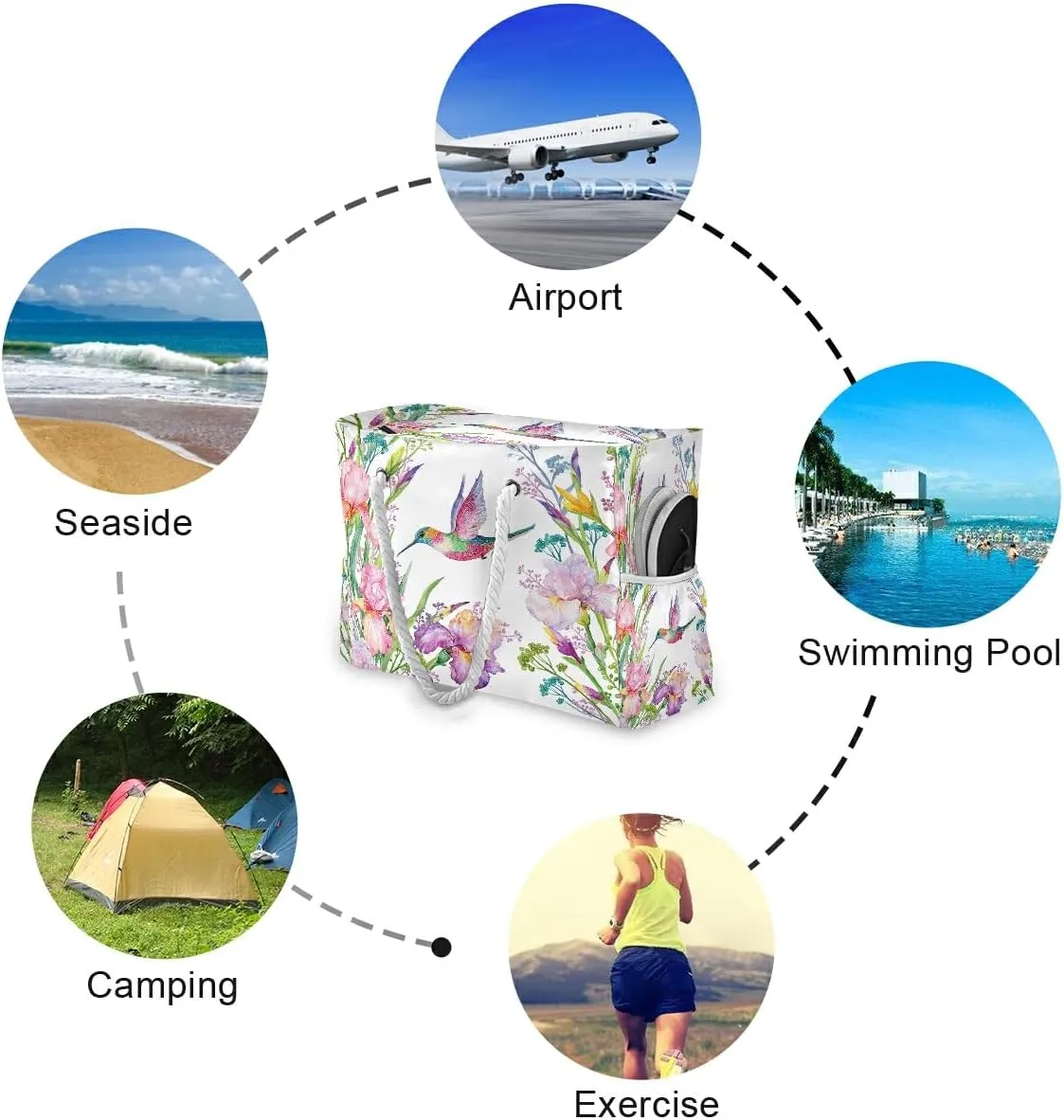 Beach Bag Tropical Floral Butterfly Hummingbird Tote Travel Bag luggage bag Grocery Shopping Bag Carry Bag
