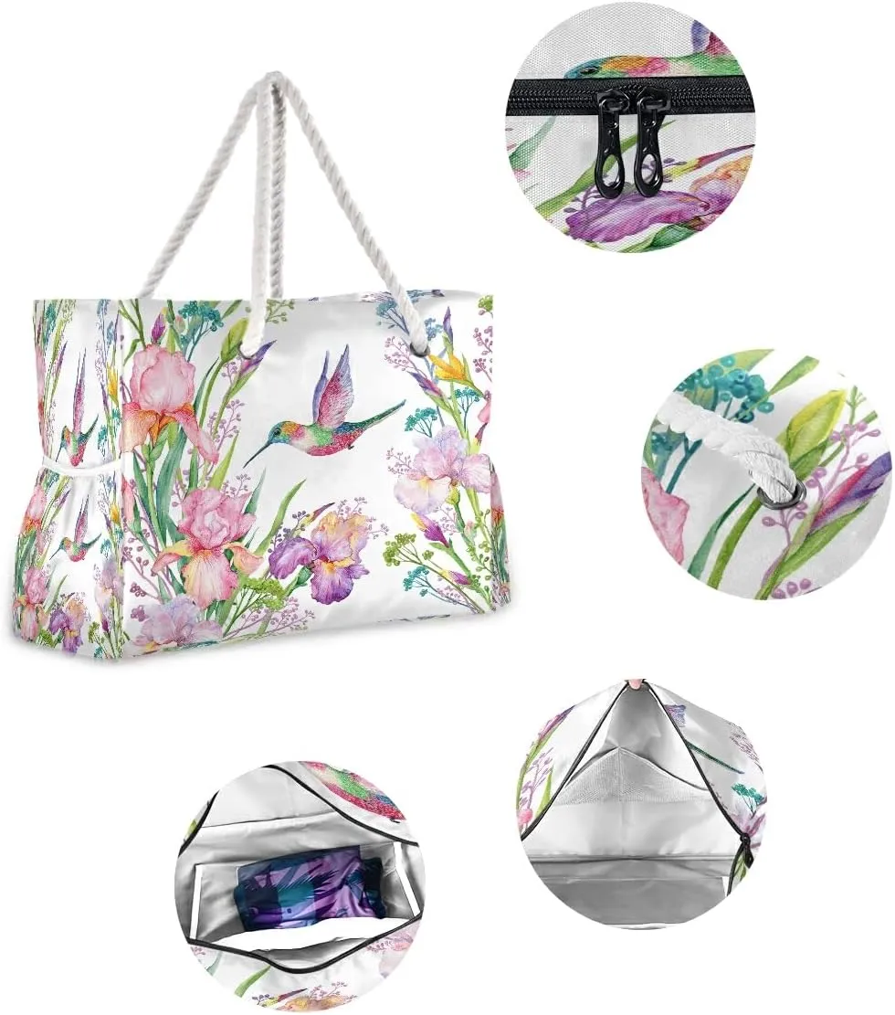 Beach Bag Tropical Floral Butterfly Hummingbird Tote Travel Bag luggage bag Grocery Shopping Bag Carry Bag