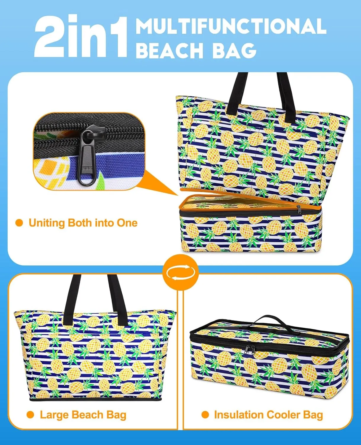 Beach Bag with Cooler, 49L Large Family Beach Tote with Zipper, Waterproof Sandproof Beach Bags for Women and Men, Foldable Lightweight Travel Bag for Pool, Picnic, Gym