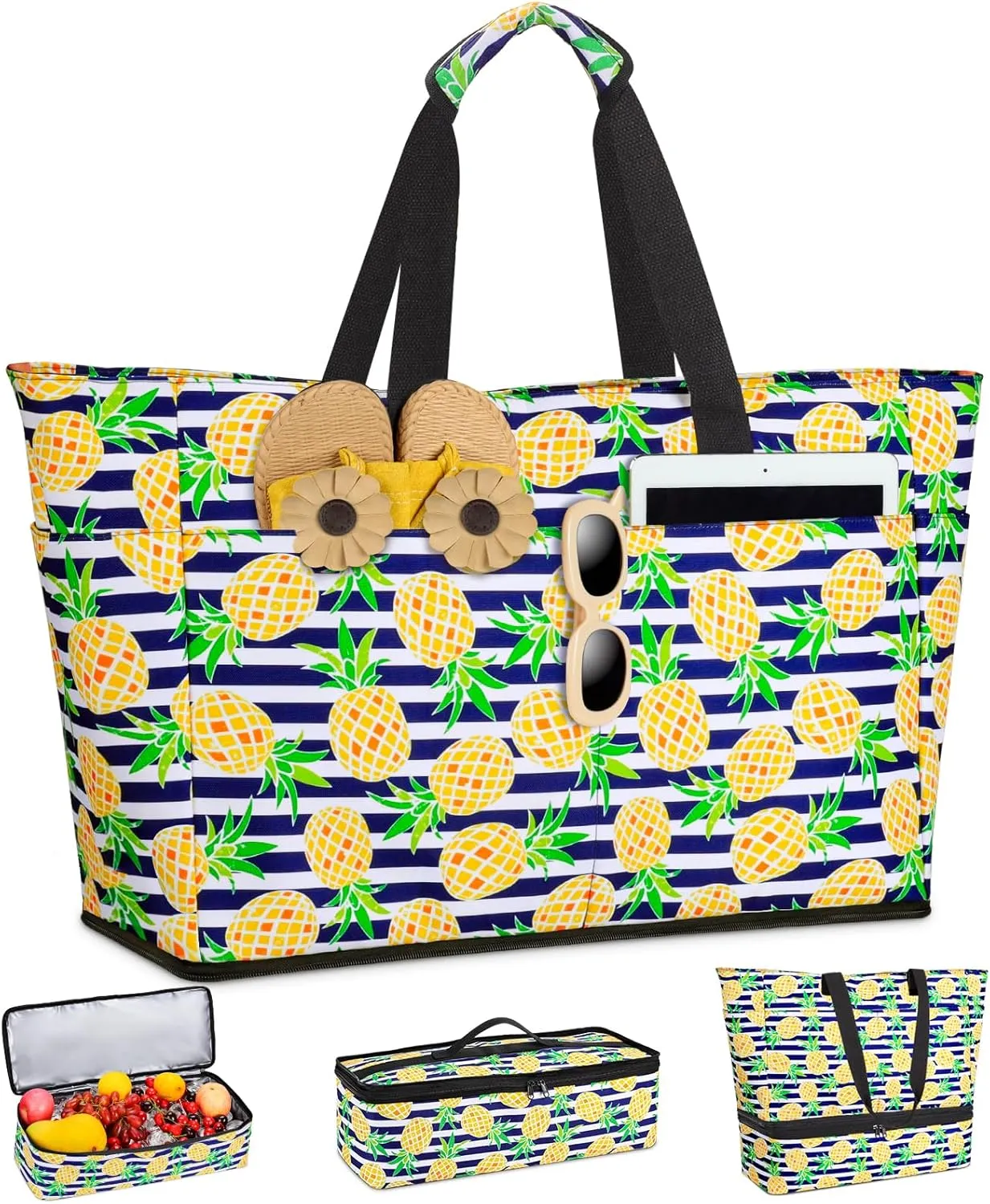 Beach Bag with Cooler, 49L Large Family Beach Tote with Zipper, Waterproof Sandproof Beach Bags for Women and Men, Foldable Lightweight Travel Bag for Pool, Picnic, Gym