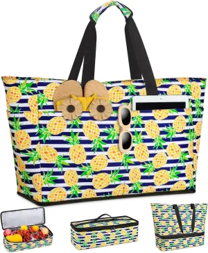 Beach Bag with Cooler, 49L Large Family Beach Tote with Zipper, Waterproof Sandproof Beach Bags for Women and Men, Foldable Lightweight Travel Bag for Pool, Picnic, Gym