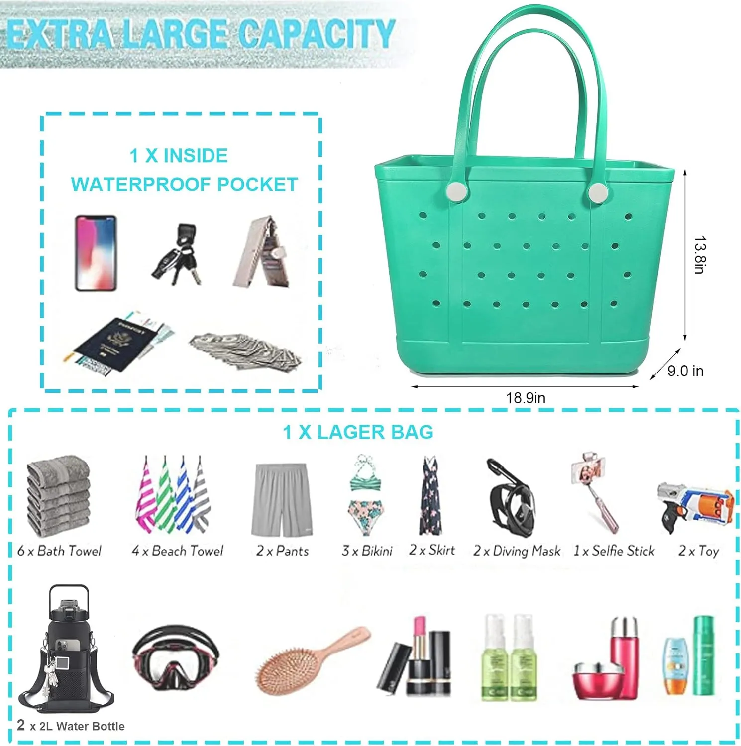 Beach Bag X Large Rubber Beach Tote Bag, Waterproof Washable Open for Women Croc Bag Hand Bag for Beach Pool Yoga