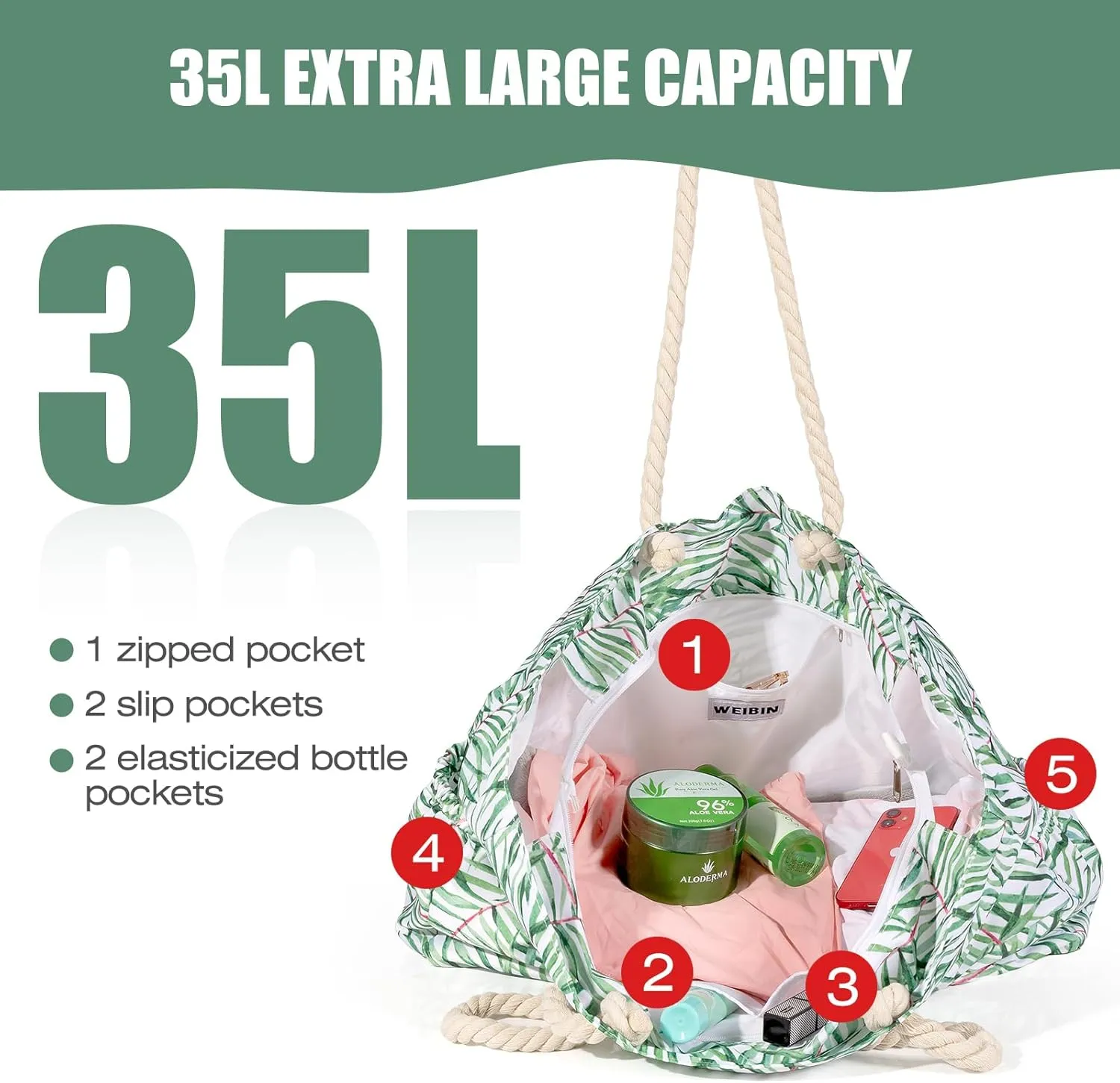 Beach Bags Extra Large Waterproof Sandproof Beach Tote Bag with Zipper Pockets for Swim Pool Family Vacation Travel