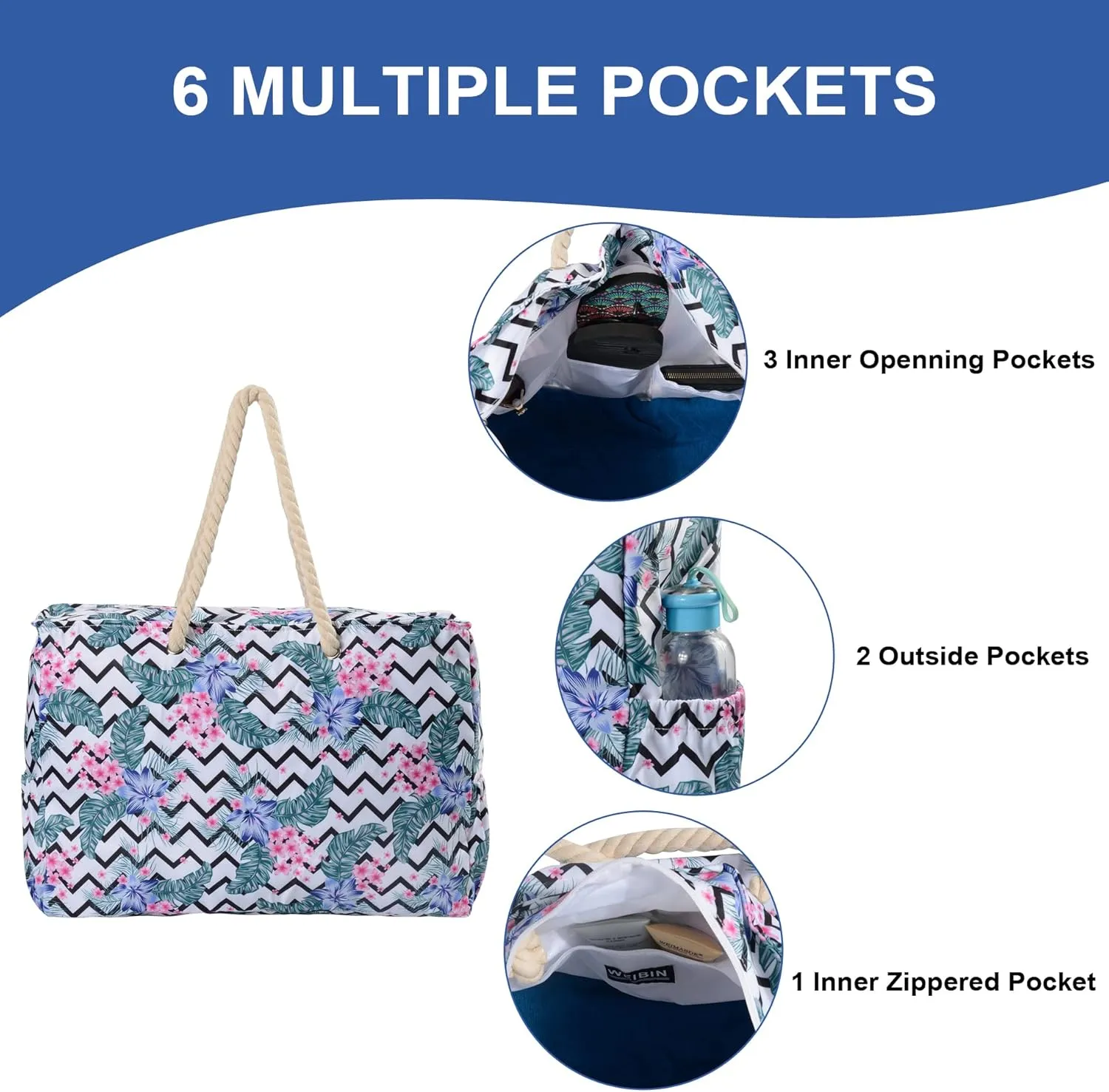 Beach Bags Extra Large Waterproof Sandproof Beach Tote Bag with Zipper Pockets for Swim Pool Family Vacation Travel