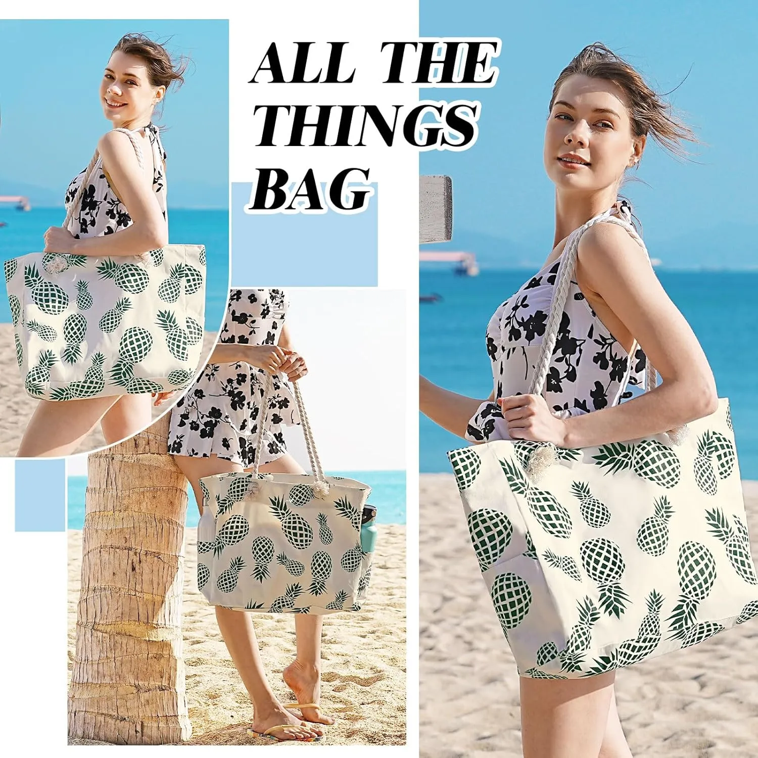 Beach Bags for Women - Large Beach Tote Bag, Women Sandproof Pool Bag for Pool Gym Grocery Travel