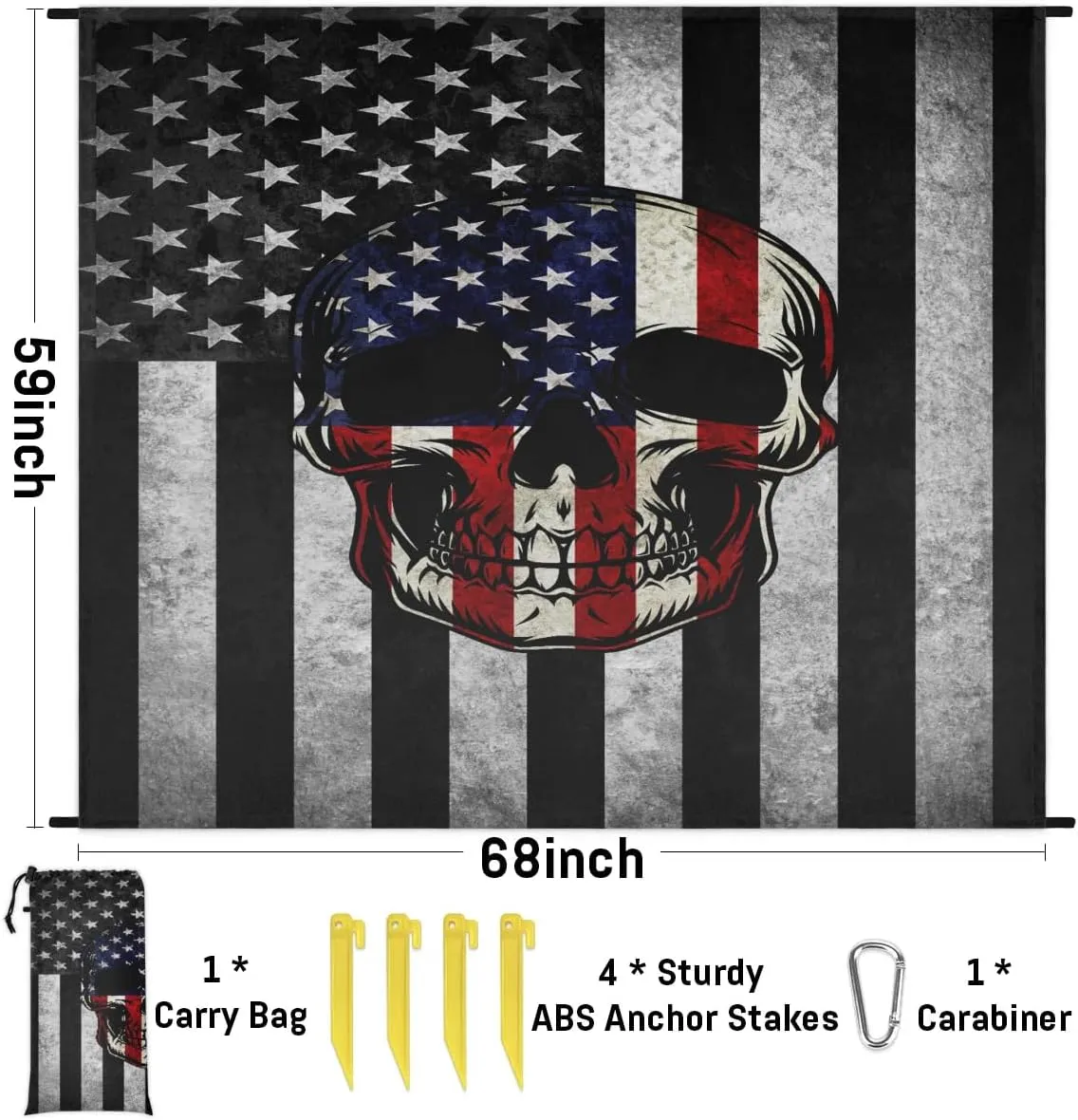 Beach Blanket, 4th of July Sandproof Beach Mat, Waterproof Quick Drying Sand Free Mat with 4 x Ground Spikes for Outdoor Travel Camping Hiking, American Flag Skull 68 x 59 in
