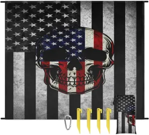 Beach Blanket, 4th of July Sandproof Beach Mat, Waterproof Quick Drying Sand Free Mat with 4 x Ground Spikes for Outdoor Travel Camping Hiking, American Flag Skull 68 x 59 in