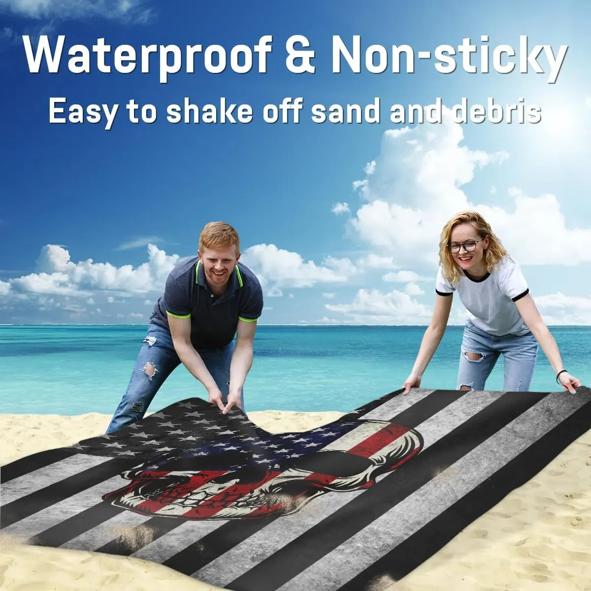 Beach Blanket, 4th of July Sandproof Beach Mat, Waterproof Quick Drying Sand Free Mat with 4 x Ground Spikes for Outdoor Travel Camping Hiking, American Flag Skull 68 x 59 in