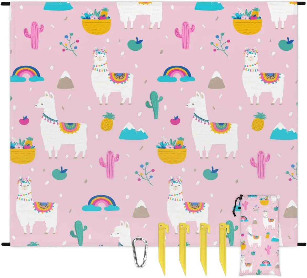 Beach Blanket, Alpaca Llama Sandproof Beach Mat, Waterproof Quick Drying Sand Free Mat with 4 x Ground Spikes for Outdoor Travel Camping Hiking, Cute Alpaca Llama 68 x 59 in