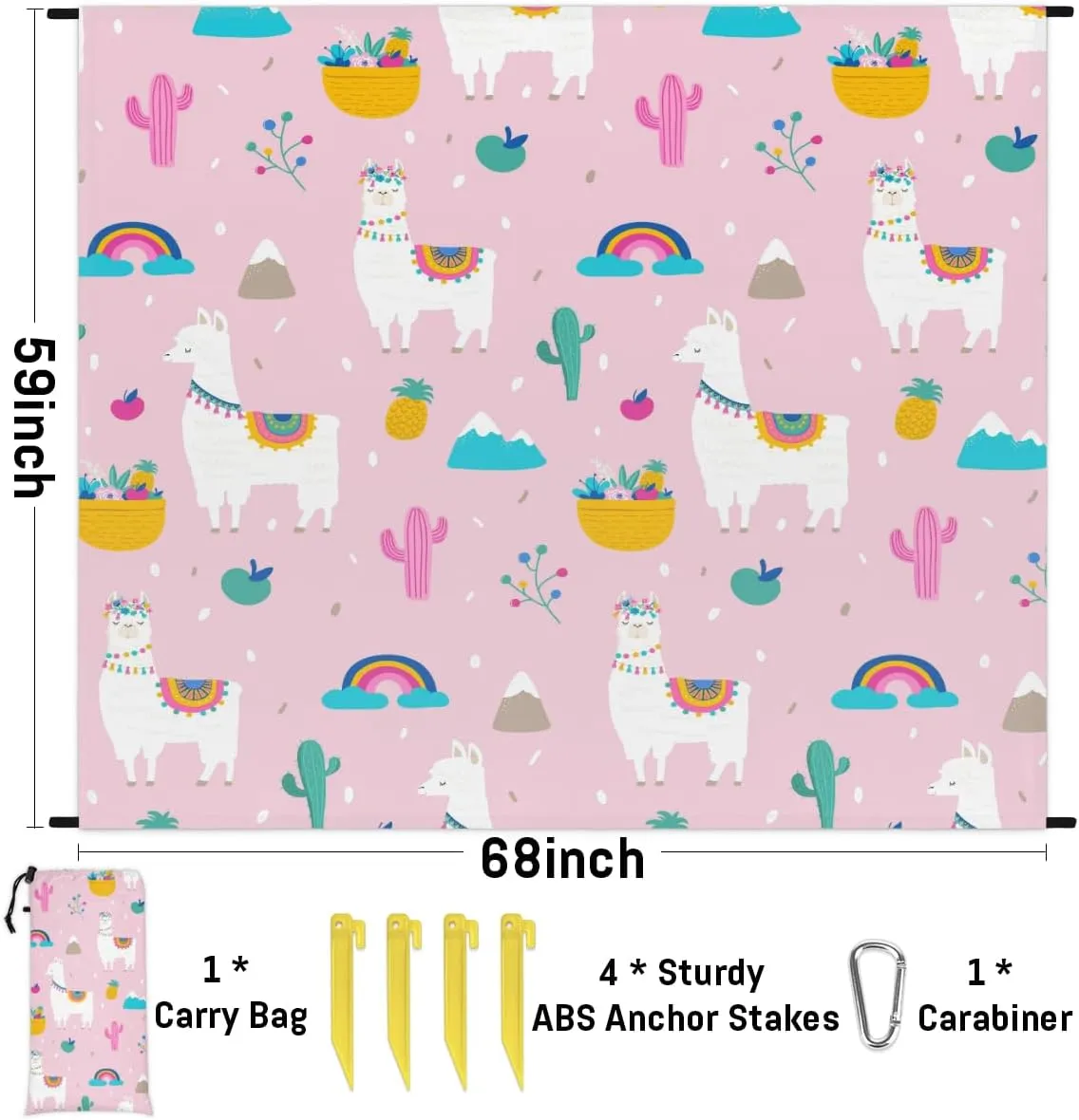 Beach Blanket, Alpaca Llama Sandproof Beach Mat, Waterproof Quick Drying Sand Free Mat with 4 x Ground Spikes for Outdoor Travel Camping Hiking, Cute Alpaca Llama 68 x 59 in