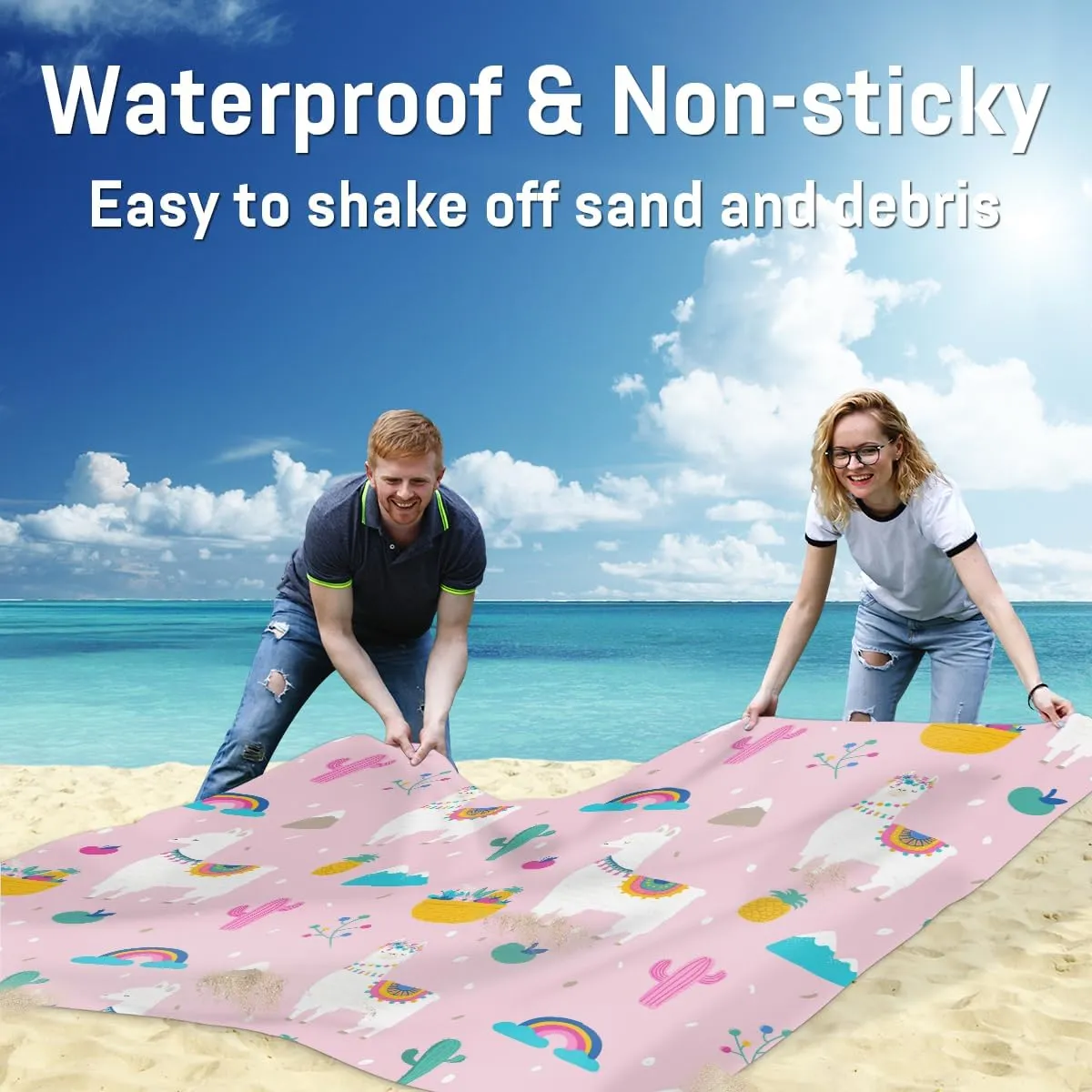 Beach Blanket, Alpaca Llama Sandproof Beach Mat, Waterproof Quick Drying Sand Free Mat with 4 x Ground Spikes for Outdoor Travel Camping Hiking, Cute Alpaca Llama 68 x 59 in