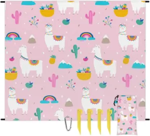 Beach Blanket, Alpaca Llama Sandproof Beach Mat, Waterproof Quick Drying Sand Free Mat with 4 x Ground Spikes for Outdoor Travel Camping Hiking, Cute Alpaca Llama 68 x 59 in