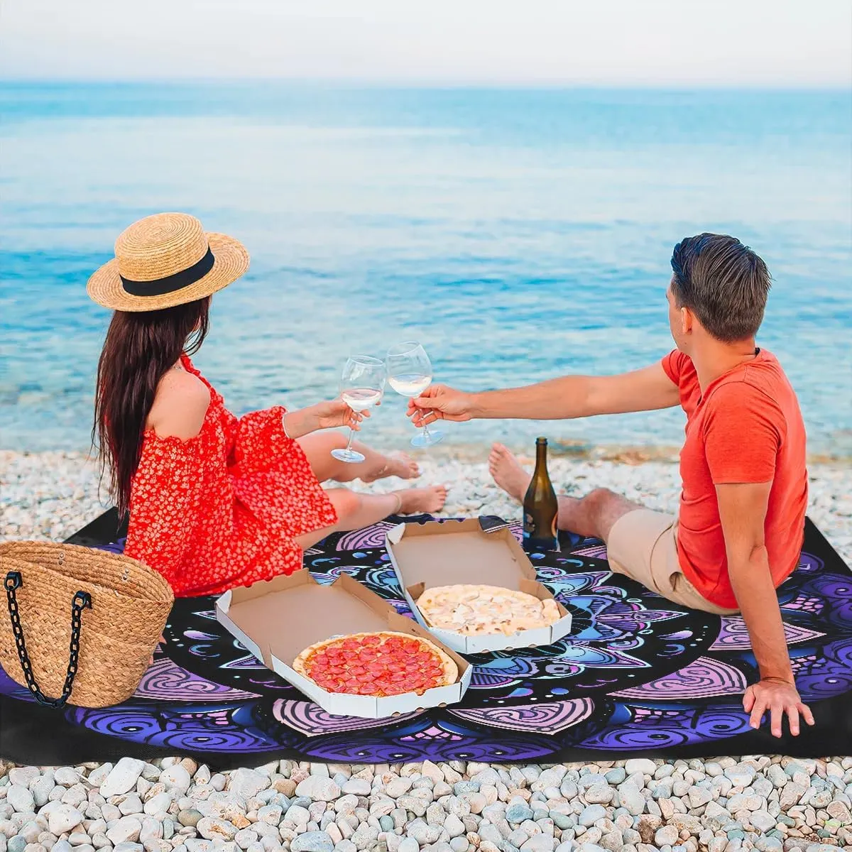 Beach Blanket, Aztec Pattern Sandproof Beach Mat, Waterproof Quick Drying Sand Free Mat with 4 x Ground Spikes for Outdoor Travel Camping Hiking, Aztec 68 x 59 in