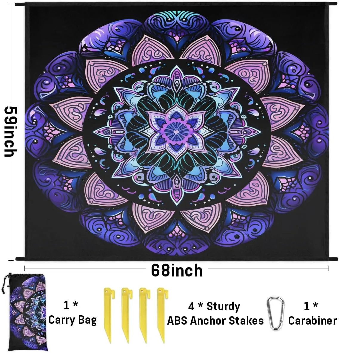Beach Blanket, Aztec Pattern Sandproof Beach Mat, Waterproof Quick Drying Sand Free Mat with 4 x Ground Spikes for Outdoor Travel Camping Hiking, Aztec 68 x 59 in
