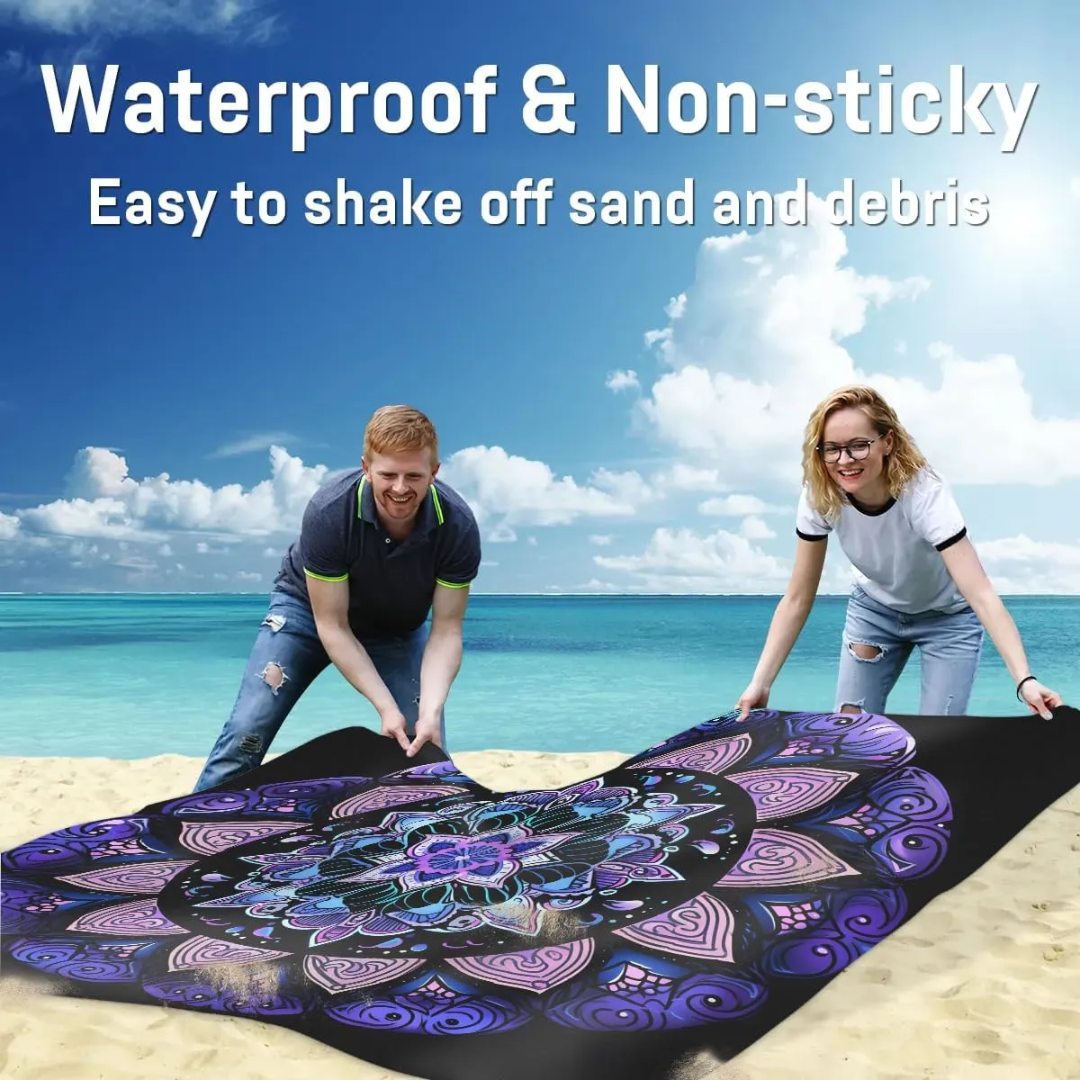 Beach Blanket, Aztec Pattern Sandproof Beach Mat, Waterproof Quick Drying Sand Free Mat with 4 x Ground Spikes for Outdoor Travel Camping Hiking, Aztec 68 x 59 in