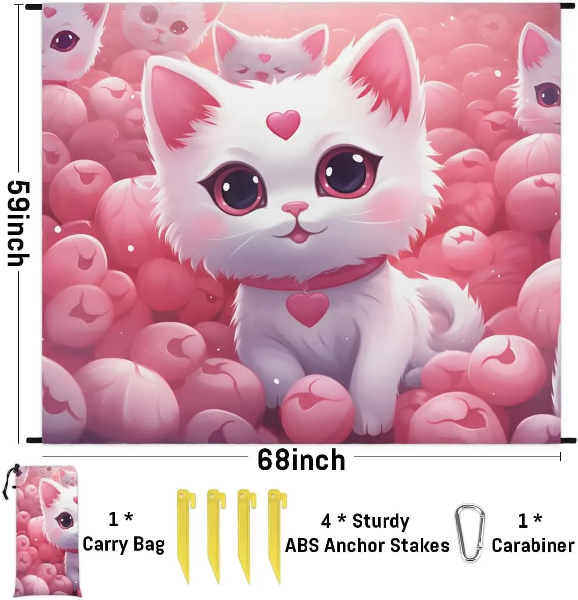 Beach Blanket, Cute Cat Sandproof Beach Mat, Waterproof Quick Drying Sand Free Mat with 4 x Ground Spikes for Outdoor Travel Camping Hiking, Cute Cat Cartoon Pet 68 x 59 in
