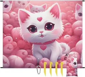 Beach Blanket, Cute Cat Sandproof Beach Mat, Waterproof Quick Drying Sand Free Mat with 4 x Ground Spikes for Outdoor Travel Camping Hiking, Cute Cat Cartoon Pet 68 x 59 in