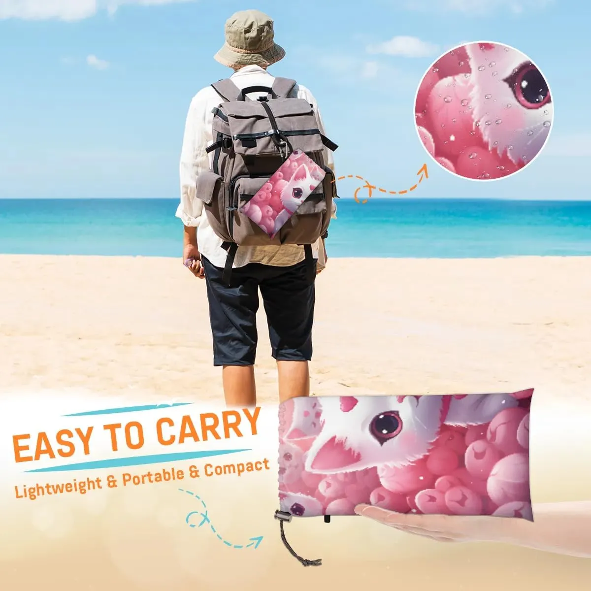 Beach Blanket, Cute Cat Sandproof Beach Mat, Waterproof Quick Drying Sand Free Mat with 4 x Ground Spikes for Outdoor Travel Camping Hiking, Cute Cat Cartoon Pet 68 x 59 in
