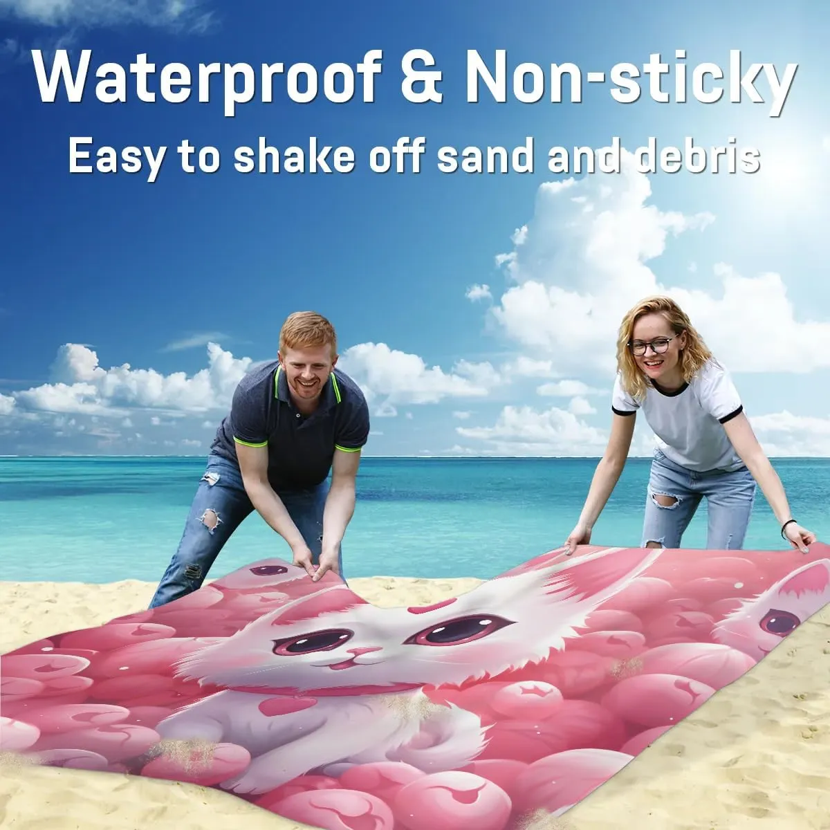 Beach Blanket, Cute Cat Sandproof Beach Mat, Waterproof Quick Drying Sand Free Mat with 4 x Ground Spikes for Outdoor Travel Camping Hiking, Cute Cat Cartoon Pet 68 x 59 in