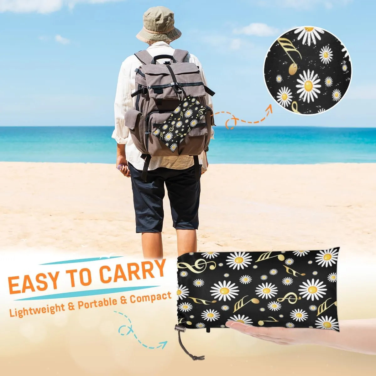 Beach Blanket, Daisy Sandproof Beach Mat, Waterproof Quick Drying Sand Free Mat with 4 x Ground Spikes for Outdoor Travel Camping Hiking, Musical Notes 68 x 59 in