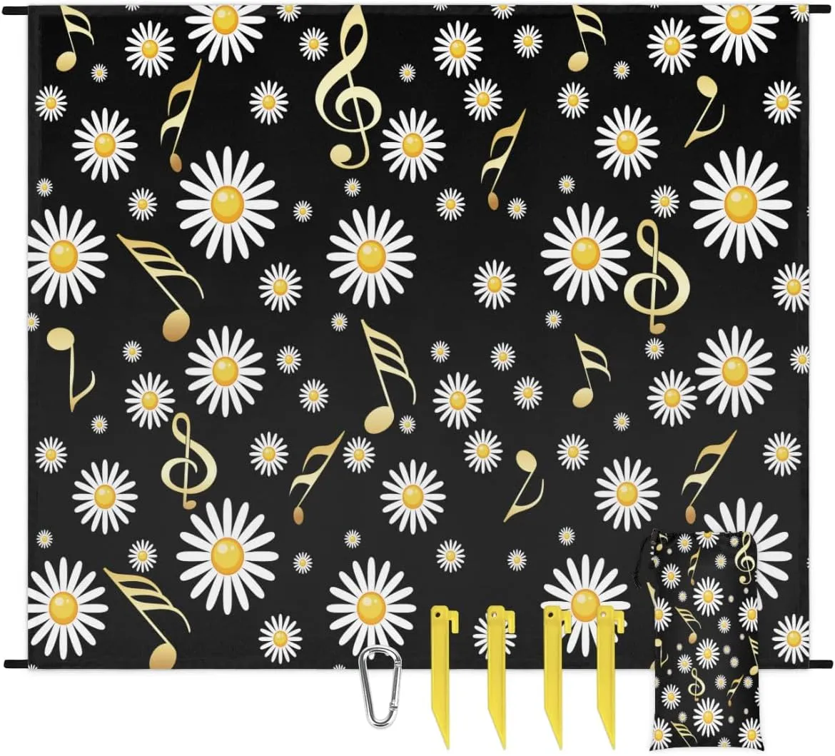 Beach Blanket, Daisy Sandproof Beach Mat, Waterproof Quick Drying Sand Free Mat with 4 x Ground Spikes for Outdoor Travel Camping Hiking, Musical Notes 68 x 59 in