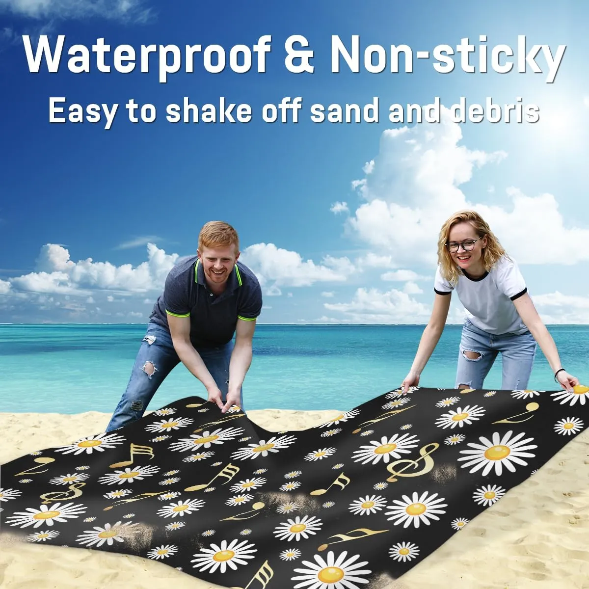 Beach Blanket, Daisy Sandproof Beach Mat, Waterproof Quick Drying Sand Free Mat with 4 x Ground Spikes for Outdoor Travel Camping Hiking, Musical Notes 68 x 59 in
