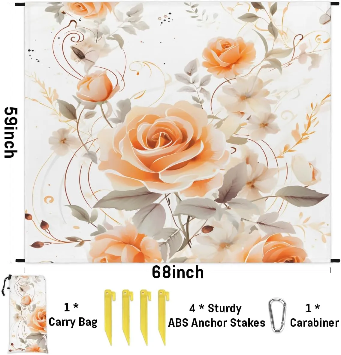 Beach Blanket, Flowers Rose Sandproof Beach Mat, Waterproof Quick Drying Sand Free Mat with 4 x Ground Spikes for Outdoor Travel Camping Hiking, Retro Floral 68 x 59 in