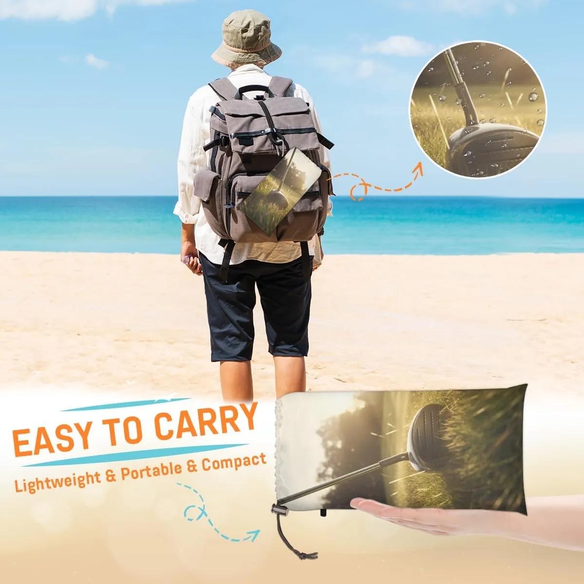 Beach Blanket, Golf Sports Sandproof Beach Mat, Waterproof Quick Drying Sand Free Mat with 4 x Ground Spikes for Outdoor Travel Camping Hiking, Golf Course 68 x 59 in