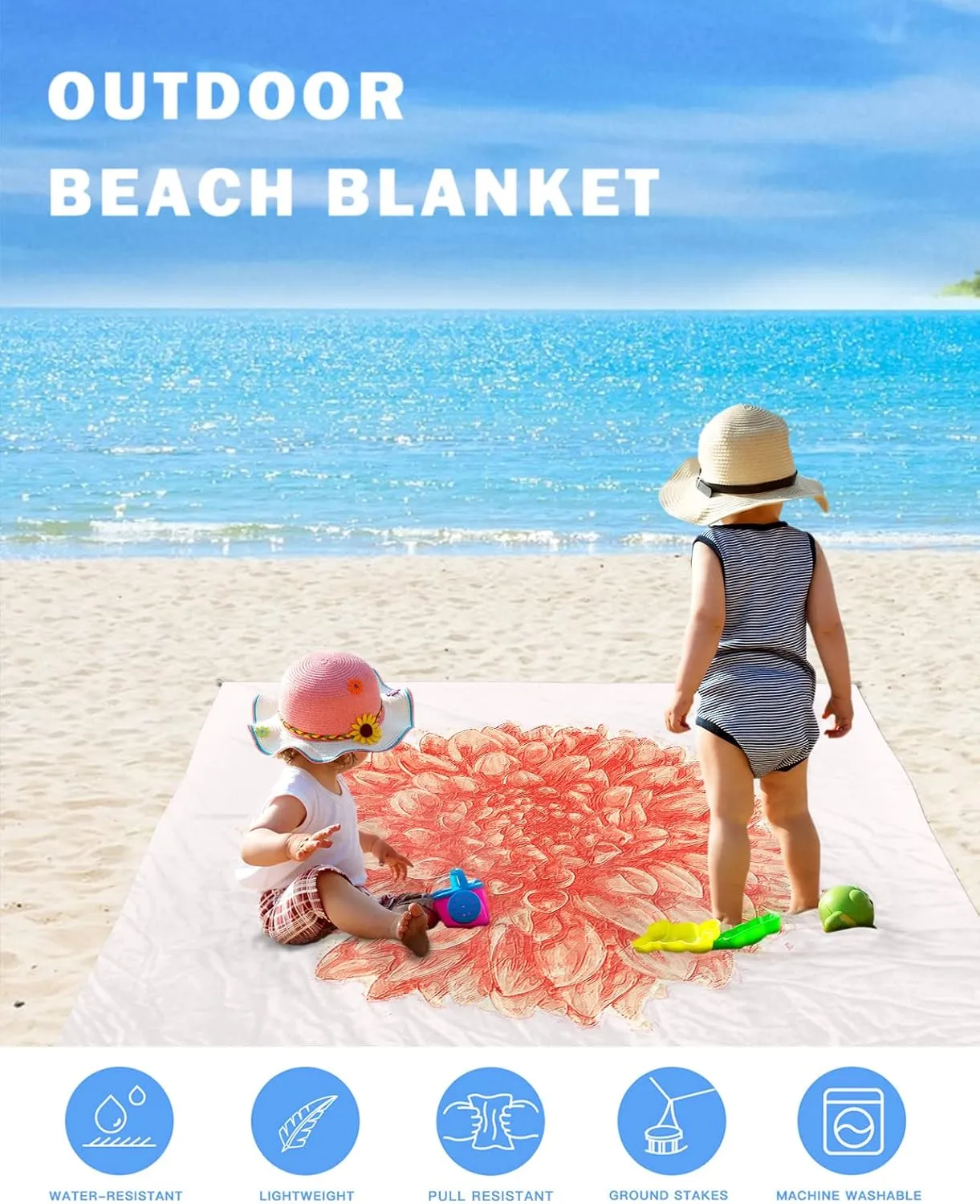 Beach Blanket, Hand Drawn Art Orange Daisy Dahlia Blooming Flower Beach Mat 83"x79" Large Picnic Blanket,Sandproof Waterproof Outdoor Beach Blankets for Travel Camping Hiking Beach Vacation
