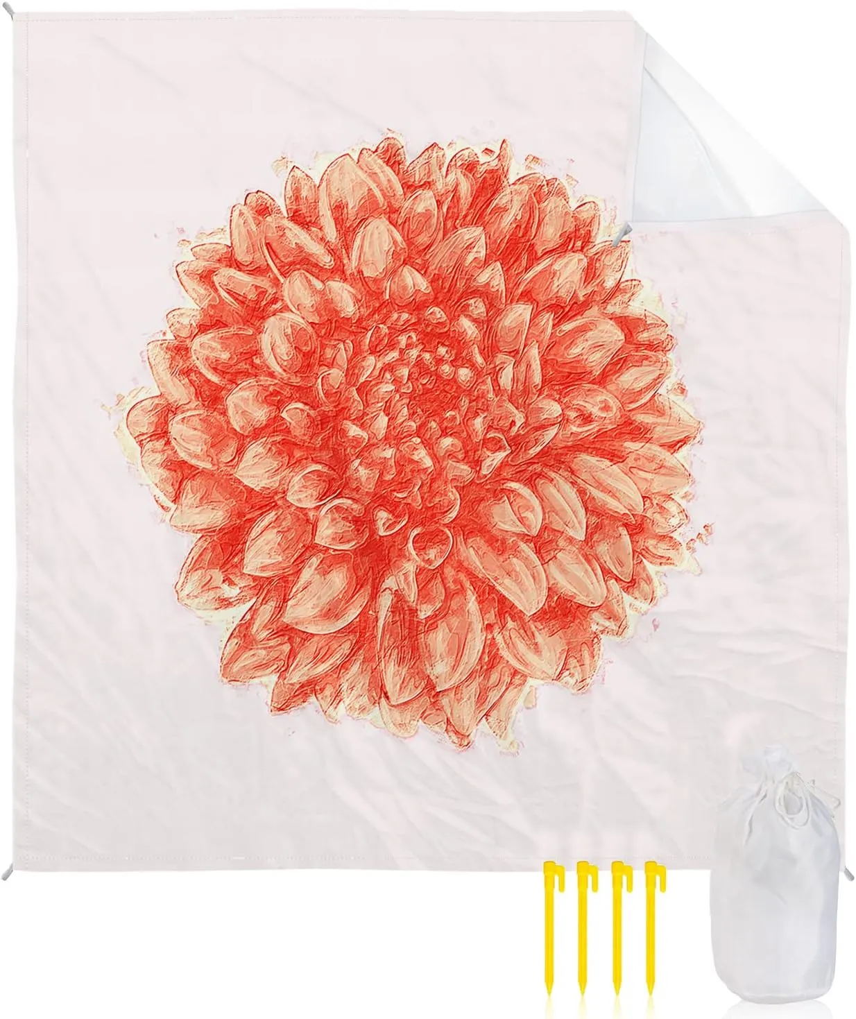 Beach Blanket, Hand Drawn Art Orange Daisy Dahlia Blooming Flower Beach Mat 83"x79" Large Picnic Blanket,Sandproof Waterproof Outdoor Beach Blankets for Travel Camping Hiking Beach Vacation